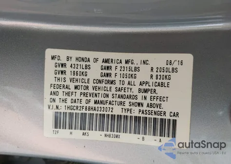 2017 Honda Accord Ex-L from USA, damaged, VIN 1HGCR2F88HA033072